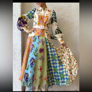 Multicolored Alice in Wonderland-like dress with bishop sleeves. Sz Large NWOT